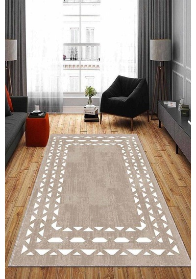 Bej Çerçeveli Kaymaz Tabanlı Makinede Yıkanabilir Halı Ar696n11