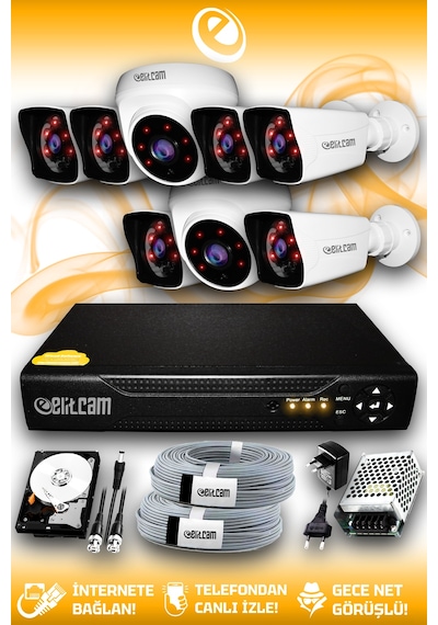 Elitcam 8 Kameralı Kare 2 İç Kamera Set 100 GB HDD Full HD Gece Görüşlü Güvenlik Kamerası Sistemi