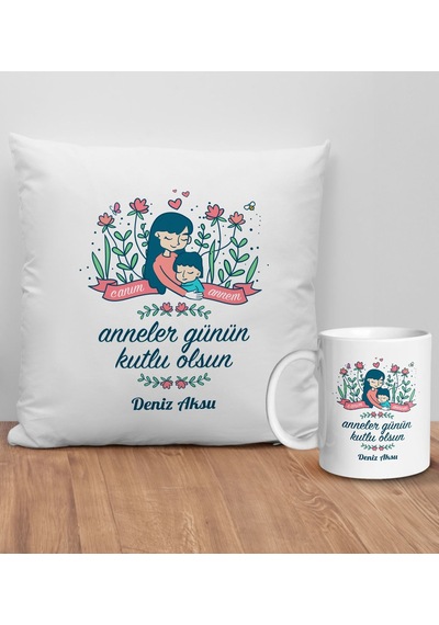Bk Gift Kişiye Özel Anne Tasarımlı Beyaz Kırlent Yastık Ve Kupa Seti-2, Anneye , Anneler Günü leri