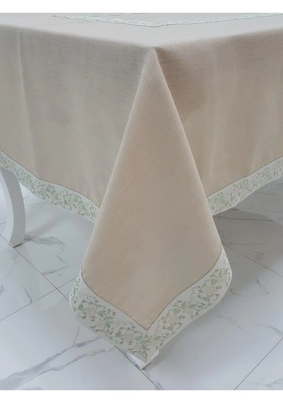 Gonca Jakar Bordürlü Keten Kumaş Bej Masa Örtüsü 160x230 Cm - 1132 Çok Renkli