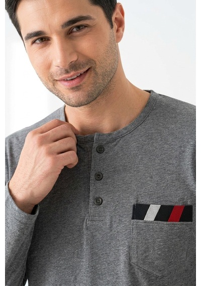 Mataş Erkek Gri Viskon Karışımlı Uzun Kollu Düğmeli Biyeli Soft Pijama Takımı