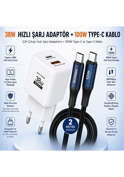 Schitec 38w 2 Çıkışlu Hızlı Şarj Başlığı Ve 100w Type-c To Type-c Süper Hızlı Şarj Kablosu 2 Metre