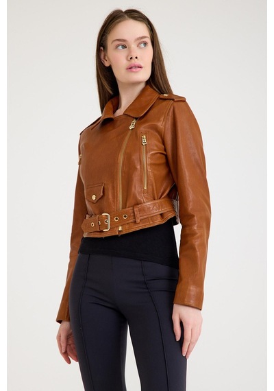 Fit Biker Kısa Bayan Deri Ceket Vb-1 Bk-2581 - 23489 Viski