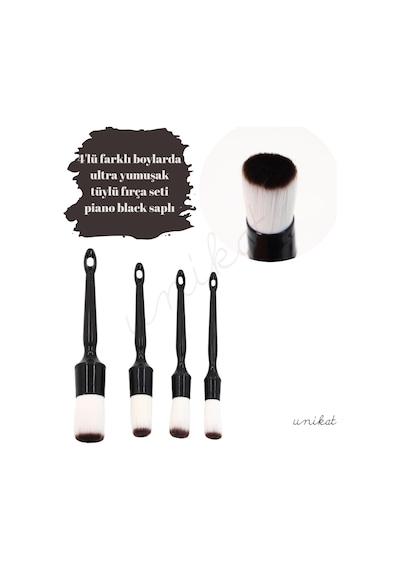 4'lü Hassas Araç Fırça Seti Yumuşak Başlıklar - Piano Black Saplı, Beyaz Tüylü 1 Adet