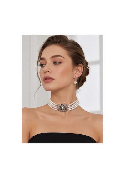 Choker İnci Kolye Ve İnci Küpe Seti Zirkon Taşlı Otantik Tasarım Beyaz