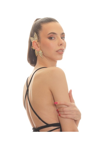 Kadın Altın Renk Lak Kaplama Zirkon Taşlı Yaprak Stilizesi Sağ Kulak Earcuff&kıkırdak Küpe Çok Renkli