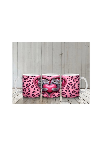 Leopar Desenli Kalpli Kedi Çifti Baskılı Kahve Kupası Renkli