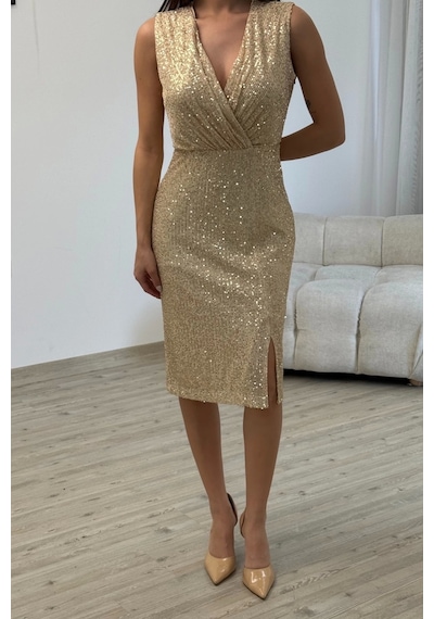 Lodmela Kruvaze Yaka Payetli Midi Elbise 6031-gold Gold