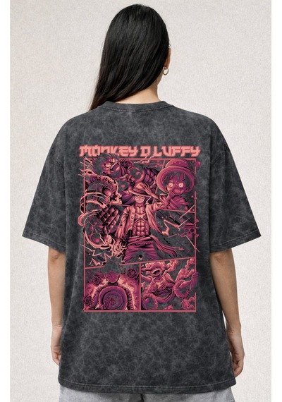 Tasarım Monkey D. Luffy One Piece Anime Baskılı Unisex Oversize V Siyah