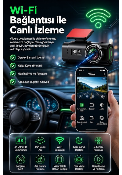 4k Ultra Hd Araç Kamerası Çift Lens Ön Arka Wi-fi Gps Park Modu Gece Görüşlü G-sensörlü Araç İçi Güvenlik Kamerası