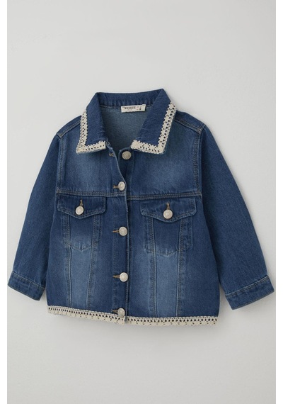 Breeze Kız Çocuk Jean Ceket Yaka & Alt Kısmı Güpür Cep Kapak Detaylı 3-7 Yaş, Mavi Mavi