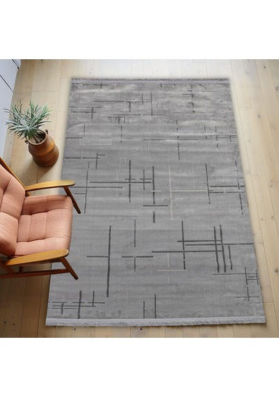 Gri Renk Lotus Bambu Model Altı Kaymaz Makine Dokuma Halı Çok Renkli