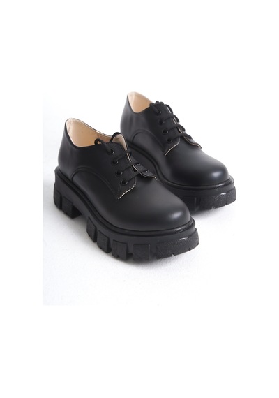 Akınabella Kalın Tabanlı Bağcıklı Loafer Ayakkabı Siyah Siyah