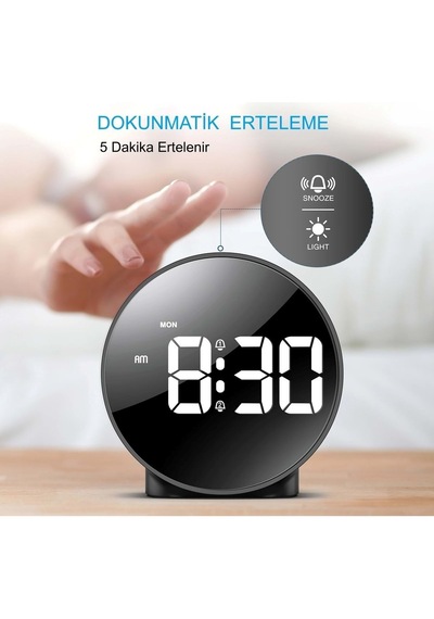 Siyah Yuvarlak Led Dijital Masa Saati Usb Güçlü Alarm Ve Snooze Özellikli Büyük Ekran Masaüstü Saat