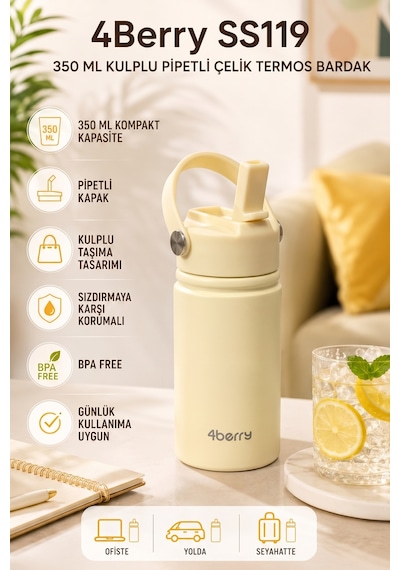 350 Ml Kulplu Pipetli Çelik Termos Bardak Bpa Free, Taşınabilir Mini Termos, Krem Renk