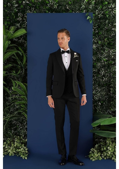 Efor Black 070 Slim Fit Yelekli Çıkarılabilir Saten Yaka Siyah Damatlık Smokin Takım Siyah