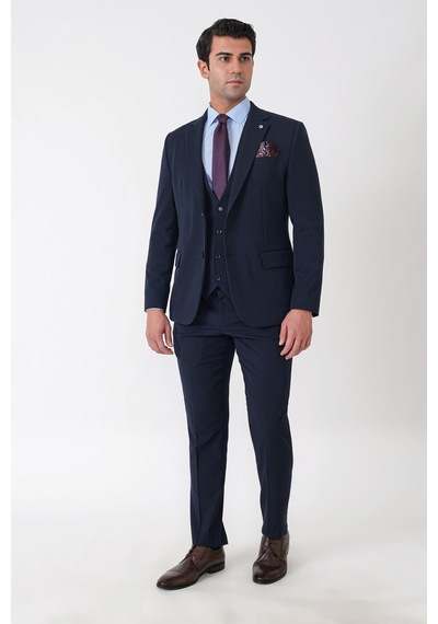 Efor Slim Fit Çift Yırtmaç Esnek Yünlü Lacivert Yelekli Takım Elbise Tk 958