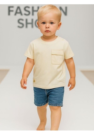 Çikoby Erkek Bebek Basic Cep Detaylı Tshirt-15856 Krem