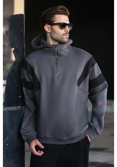Madmext Füme Fermuarlı Yaka Kapüşonlu Erkek Sweatshirt E7161 Füme