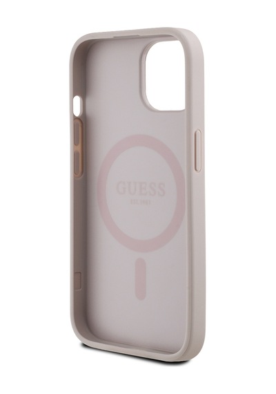 Apple Uyumlu iPhone 15 Kılıf Guess Lisanslı M-safe Şarj Özellikli Yazı Logolu Circle Classic Kapak Pembe