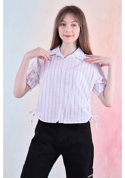 Kız Çocuk Büzgü Detaylı-çizgi Desenli Crop Gömlek 6-14 Yaş 12251 Açık Kahve