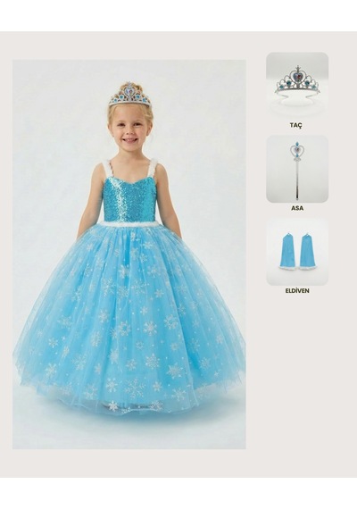 Butikhappykids Frozen Elsa Kostümü Askılı Kız Çocuk Prenses Elbisesi Taç Asa Eldiven Hediyeli Mavi