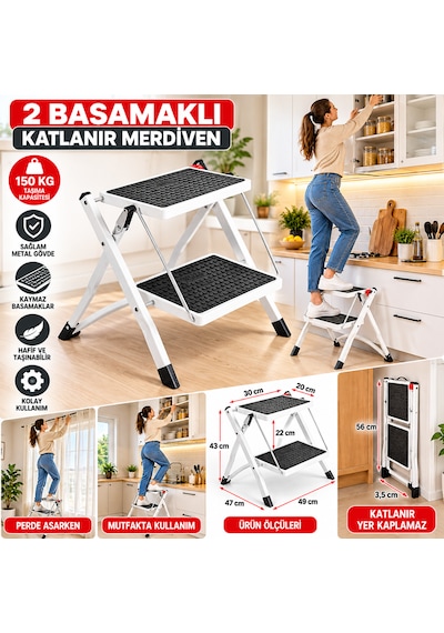 2 Basamaklı Katlanır Merdiven 150 Kg Taşıma Kapasiteli Kaymaz Geniş Basamaklı Yer Kaplamaz Beyaz