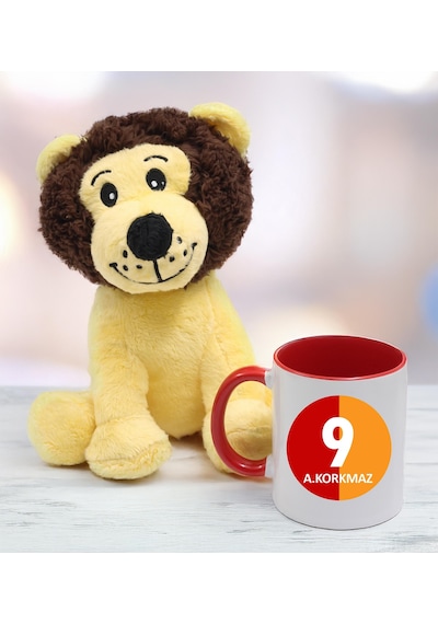 Kişiye Özel Sarı Kırmızı Taraftar Kupa & Hediyelik Sevimli Peluş Aslan 22cm Hediye Seti