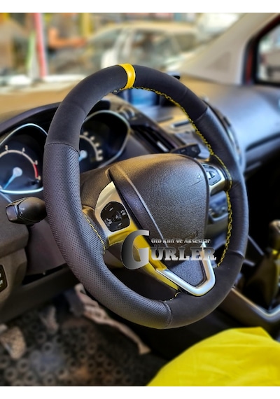 Vw Polo 2004> Uyumlu Dikmeli Direksiyon Kılıfı Noktalı-Alkantara Sarı Yüzüklü