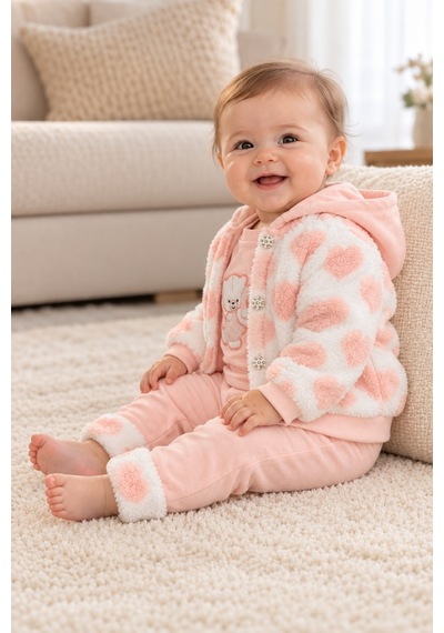Ahengim Kız Bebek 3 Parça Takım Kapüşonlu Peluş Ceket Ayıcık Nakışlı Üst Ve Pantolon Ak2482 Pudra