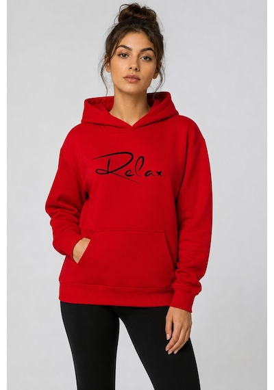 Herkesemoda Relax Baskılı Kapüşonlu 2 İplik Şardonlu Sweatshirt Kırmızı