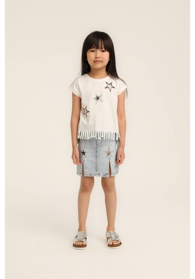 Escabel Kız Bebek Yıldız Baskılı Püsküllü Tshirt Beyaz