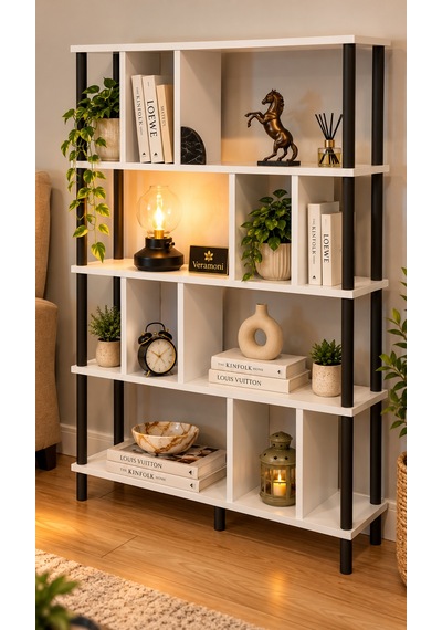 Veramoni 5 Raflı Modern Kitaplık 137x90x20 Cm - Beyaz Siyah Beyaz - Siyah