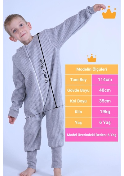Babyhola 2-8 Yaş 1.5 Tog Kapitone Çocuk Uyku Tulumu Unisex Uzun Kollu Uyku Tulumu Gri