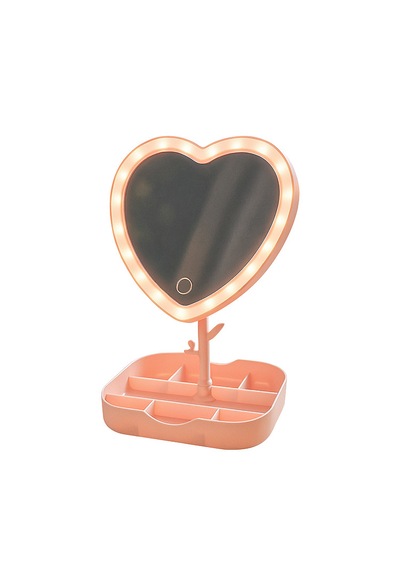 Storebaskı Led Işıklı Pembe Kalpli Organizer Makyaj Aynası