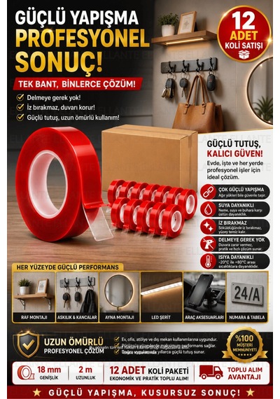12 Adet Silikonlu Çift Taraflı Bant 18 Mm X 2 M Güçlü Yapışkan Şeffaf Montaj Bandı Ekonomik Koli Pak