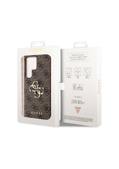 Galaxy Uyumlu S24 Ultra Kılıf Guess Lisanslı Pu Deri Yazı Ve 4g Metal Logolu Desenli Kapak Kahverengi