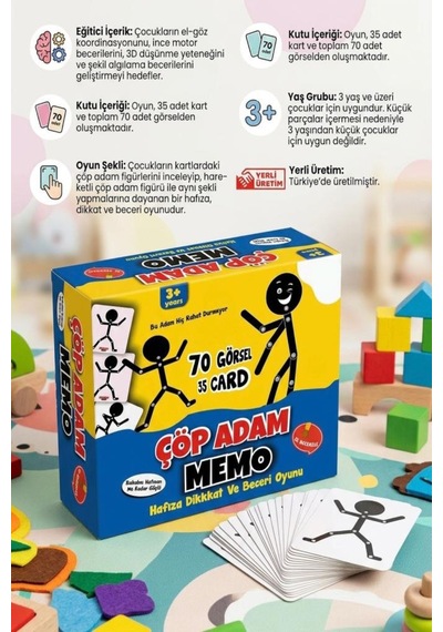 Çöp Adam Memo 105 Parça 70 Görselli Hafıza Ve Dikkat Geliştirici Eğitici Oyuncak