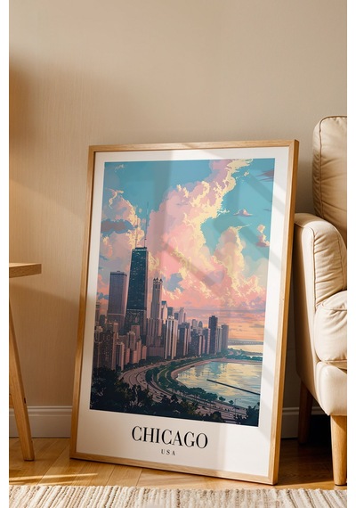 Chicago Usa Vintage Seyahat Posteri Çerçeveli Tablo - Premium City Skyline Elit Duvar Dekoru Kayın