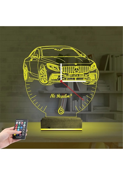 Luvivia Mercedes Araba Kişiye Özel Saatli 3d Lamba - Masa Gece Lambası Şeffaf