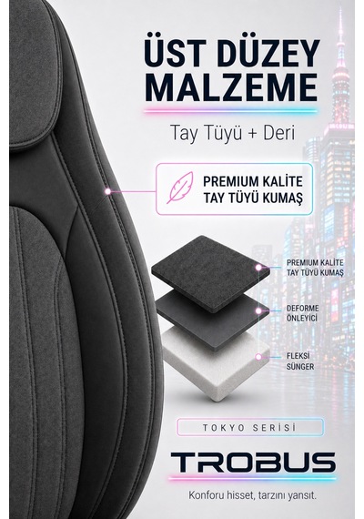 Fiat Albea 2002-2012 Bel Destekli Tay Tüyü Koltuk Kılıfı Tokyo Serisi Füme Siyah