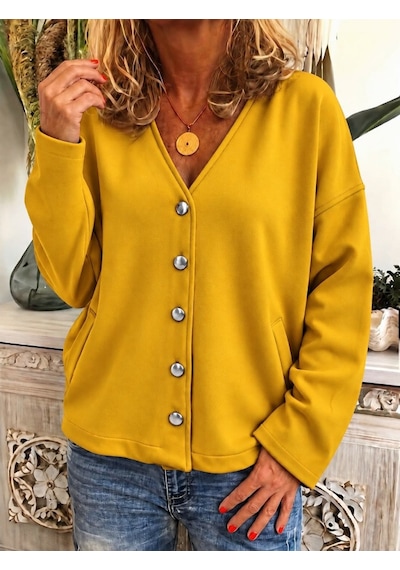 Veraura Lifestyle Kadın Düğme Detaylı V Yaka Oversize Hardal Sarısı Ceket / Hırka