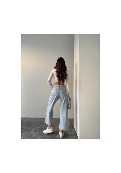 Blue Marlın Buz Kar Yüksek Bel Bilek Boy Kot Bol Paça Jeans Buz Kar