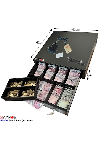 6 Banknot Gözlü Kolay Açma Buton Ve Adaptörlü, Anahtardan Açılır Para Çekmecesi 41x41x11cm
