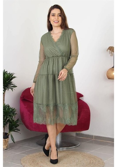 Neşeli Butik Kadın Kruvaze Yaka Eteği Güpür Detaylı Yeni Sezon Elbise Apcx10 Haki