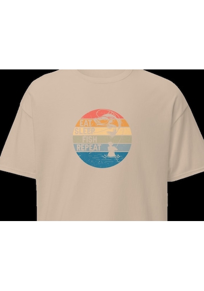 Wildstyle Retro Balık Gün Batımı Vintage Balıkçılık Deniz Baskılı Unisex Bisiklet Yaka Pamuklu Tişört Camel