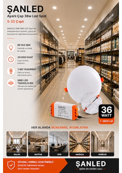 36w Ayarlı Çap Tasarruflu Led Yuvarlak Beyaz Işık Sıva Altı Slim Spot Aydınlatma Armatürü-10 Adet