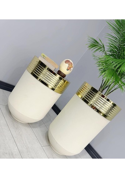 Elegant Dekoratif Gold Darbuka Krem Saksı 70cm + Sehpa 60cm İkili Set