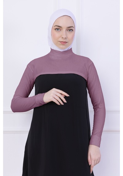 Loggia Balıkçı Yaka Boyunluklu Kolluk Gül Kurusu Pembe - Likralı Dik Yakalı Kadın Body Tesettür Crop Bolero Gül Kurusu