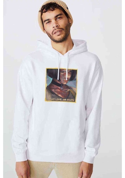 Leon Mathilda I Want Love Or Baskılı Beyaz Erkek Kapşonlu Sweat